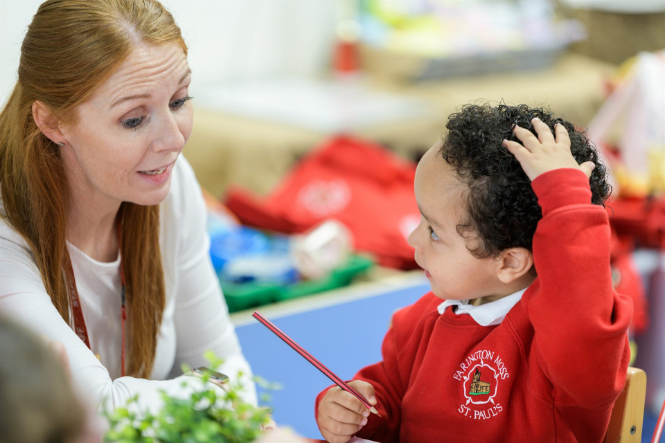 A teacher helping a young pupil with his drawing